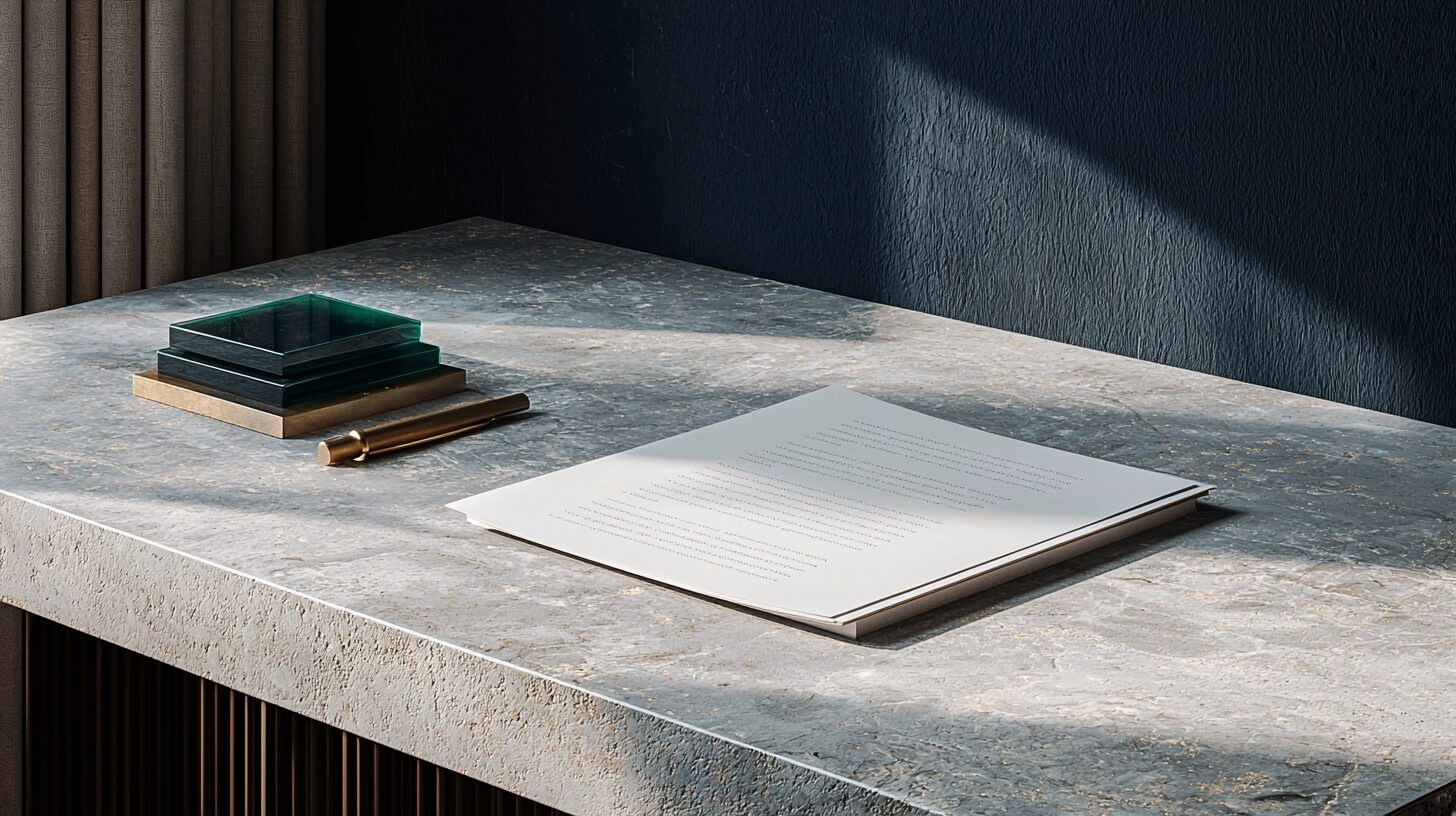 Editorial still life of a graded stack of teal glass tiles beside a folded contract document on a polished stone surface, representing the Clean Contracts UK scorecard grading commercial cleaning contracts into four tiers.