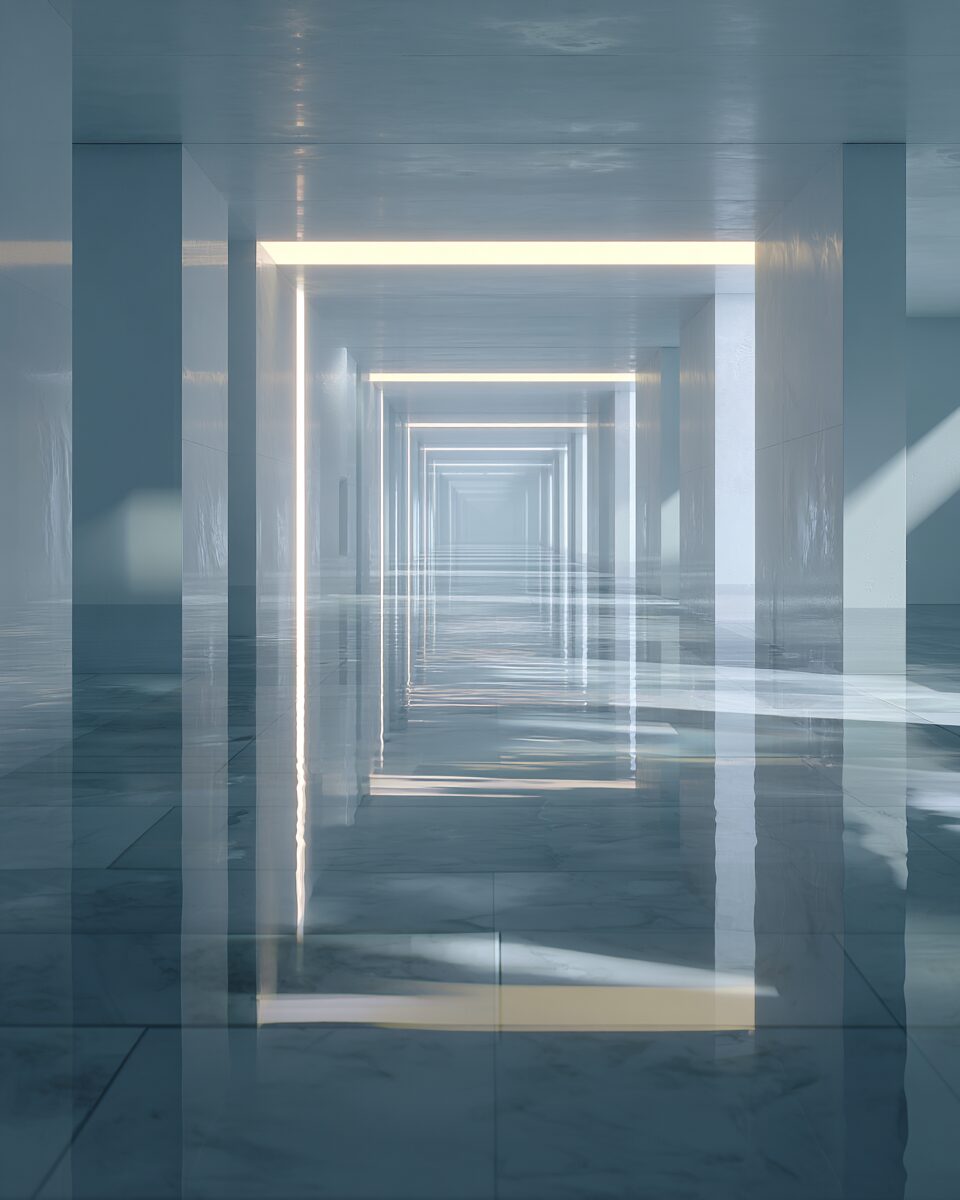 Repeating illuminated architectural modules representing the Clean Contracts UK ongoing monitoring of UK commercial cleaning contract performance.